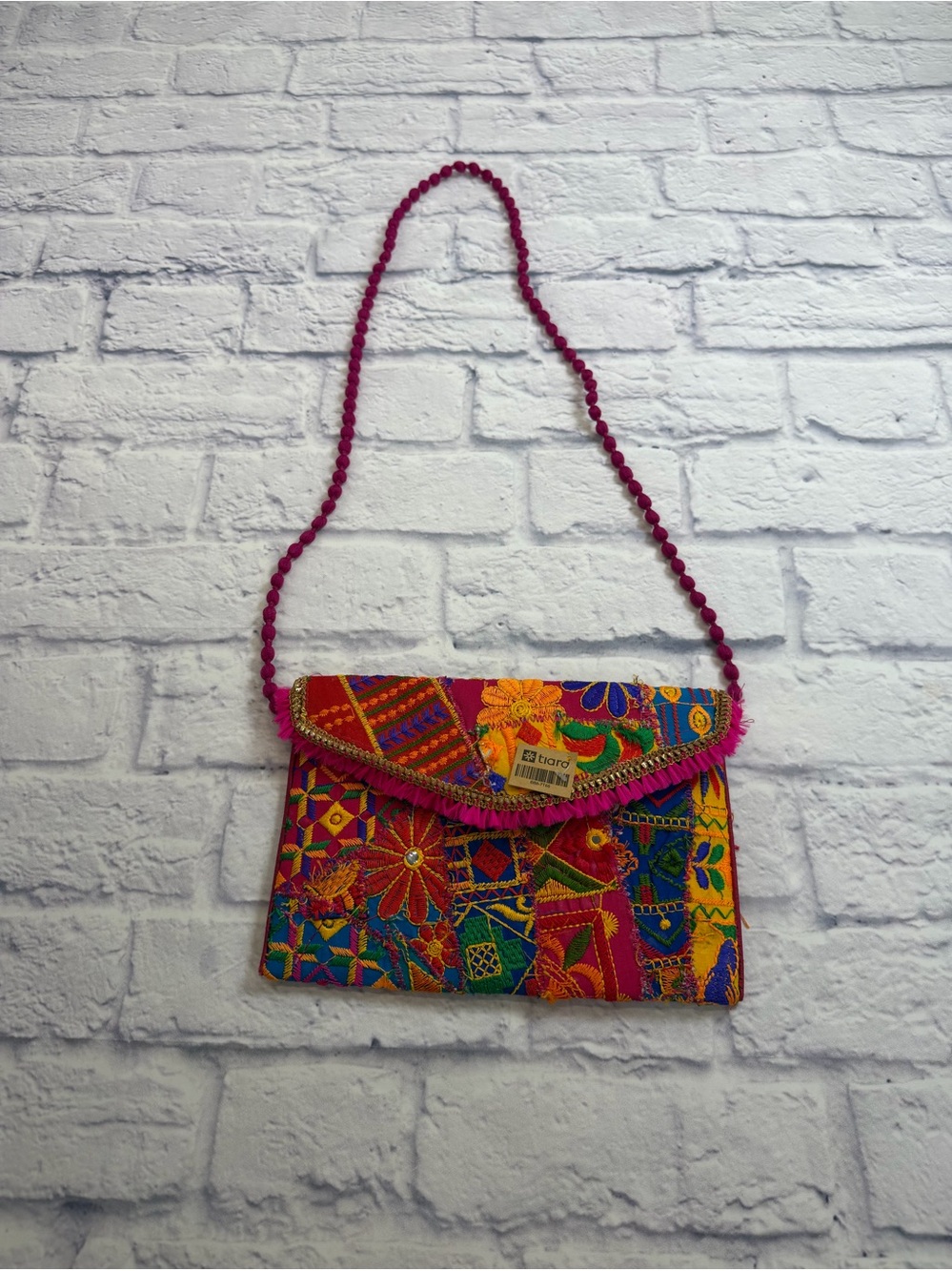NWT Tiara Multicolor Embroidered Floral Clutch with Pink Beaded Strap. Boho.